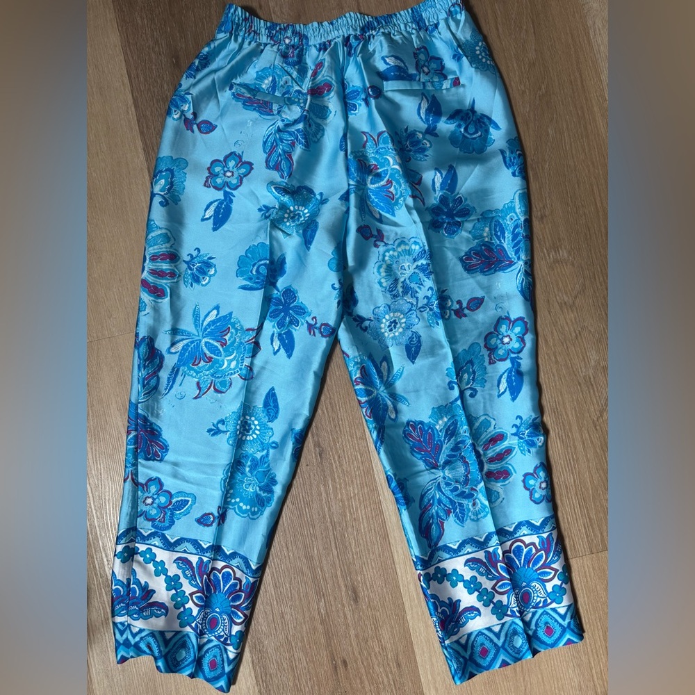 Magaschoni Blue and Pink Floral Silky Pants